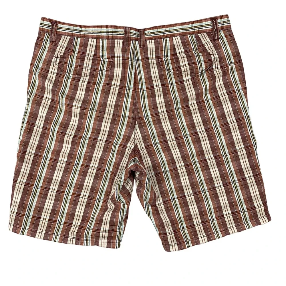 Tommy Bahama Plaid Shorts Mens 40 Brown Linen Silk Blend Flat‎ Front Check Golf